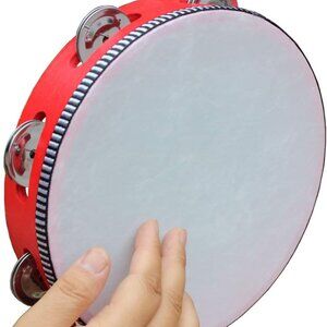 8" Tambourine with Head - Red Wood Handheld - Single Row 6 Pairs Jingles  🎵